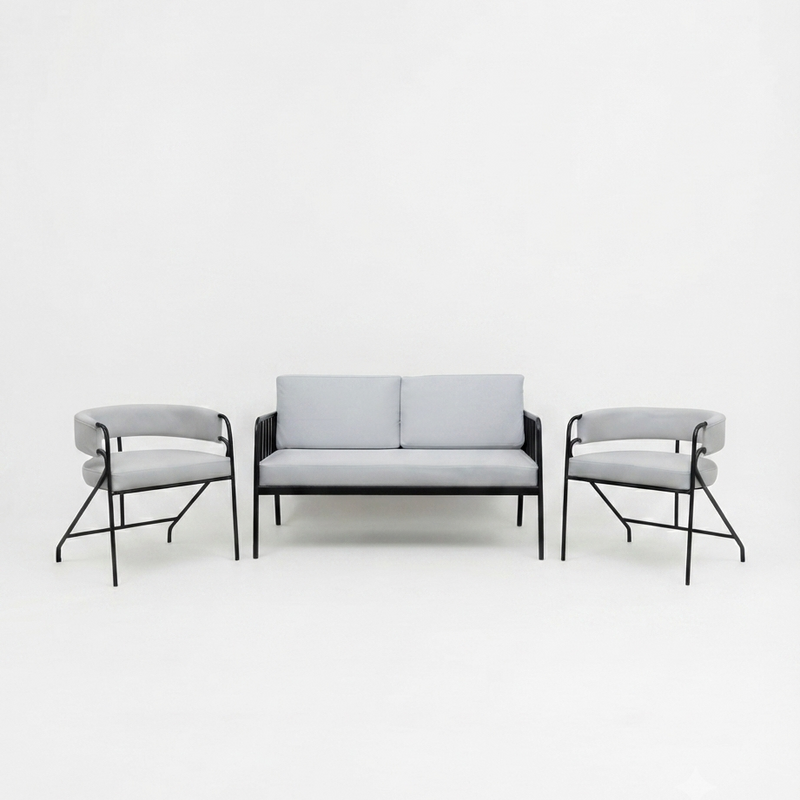 A modern three-piece living room furniture set consisting of a two-seater sofa and two matching armchairs with light gray fabric upholstery and black metal frames, set against a seamless white studio background.
